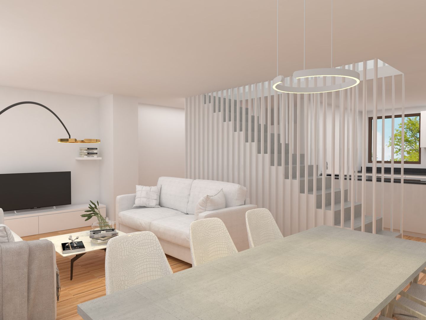 5 Reihenhäuser in Rauenberg: 3D-Visualisierung des offenen Wohn-Essbereichs mit Sichtbetontreppe