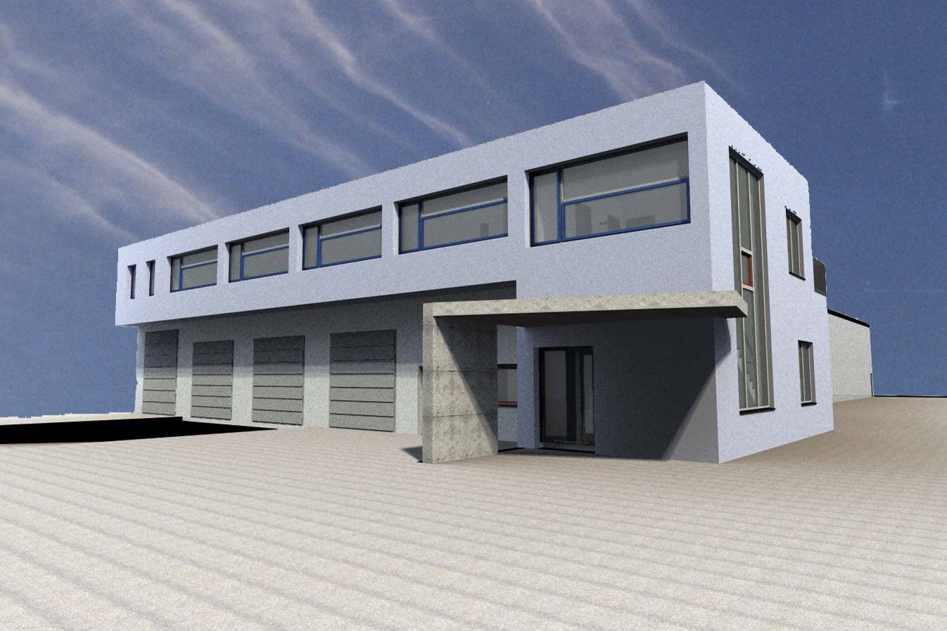 Neubau Logistikunternehmen Oberderdingen: 3D-Visualisierung des Büro- und Lagergebäudes mit Rolltoren